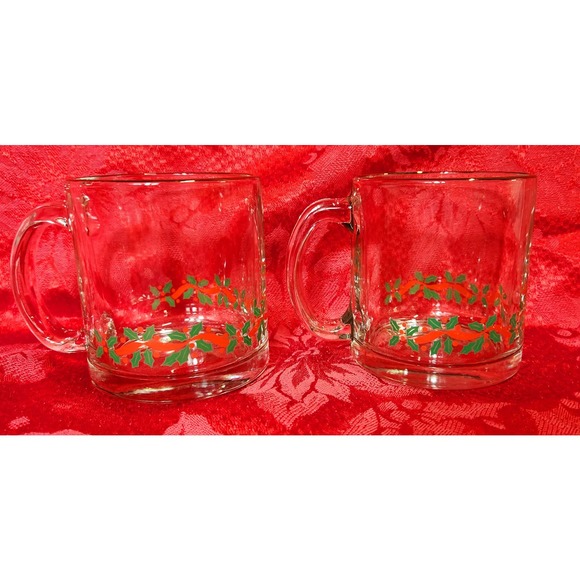 Vintage 2 Libbeys Gold Rimmed Glass Christmas Holly Berry Mugs Cups - Picture 3 of 7